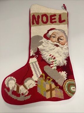 Imperial Elegance 1991 Noel Santa Needlepoint Christmas Stocking - Red and Cream
